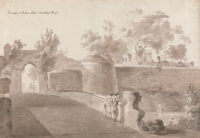 Bridge och Patna Gate och Monghyr Fort av William Daniell