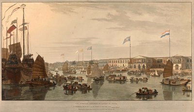 Europeiska handelsstationer (Ostindiska kompaniet) i Kanton, Kina. Tecknad och graverad av William Daniell (1769-1837) 1805 av William Daniell