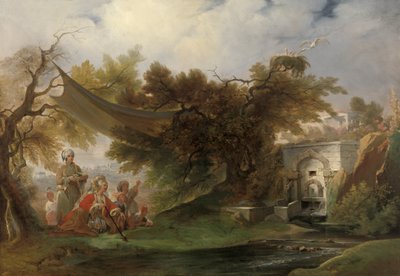 Indiskt landskap med figurer nära en bäck (olja på duk) av William Daniell