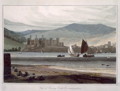 Utsikt över Conway Castle, Caernarvonshire, från "A Voyage Around Great Britain Undertaken between the Years 1814 and 1825", publicerad 1815 (färgad gravyr) av William Daniell