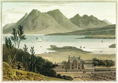 Västlig vy från Raasay Island (Skottland), med beskrivning av en stor byggnad och dess angränsande trädgårdar. Etsning i färg av William Daniell (1769-1837) av William Daniell