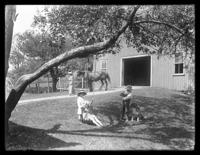 Barn till familjen McCready med hund och valp samlades runt en repgunga utanför en lada, ca 1913 av William Davis Hassler
