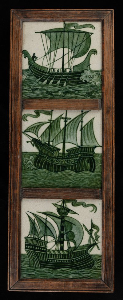 Kakelpanel av fartyg i fulla segel, i ram, ca 1865-80 (keramik) av William de Morgan