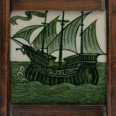 Kakelpanel av fartyg i fulla segel, i ram, ca 1865-80 (keramik) av William de Morgan