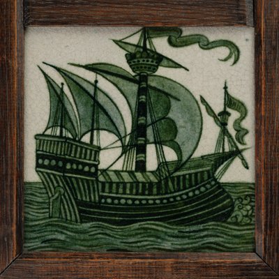 Kakelpanel av fartyg i fulla segel, i ram, ca 1865-80 (keramik) av William de Morgan