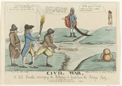 Engelsk tecknad serie av den holländska inbördesstriden, 1787 Inbördeskrig, eller Lord Lunatic som uppmuntrar holländarna att slå ner Orange Party (titel på objekt) av William Dent