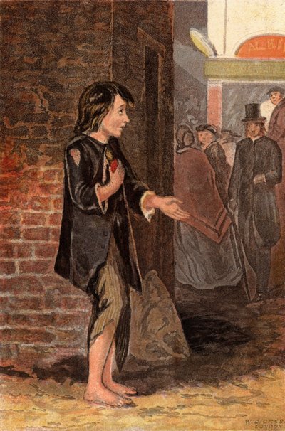 Ett barn som tigger pengar för att köpa bröd (chromolitho) av William Dickes