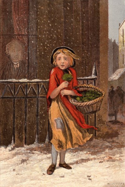 Stackars flicka som säljer vattenkrasse på en snöig gata (chromolitho) av William Dickes