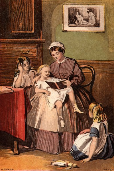 Den snälla tjänaren: en piga som läser för små barn (chromolitho) av William Dickes