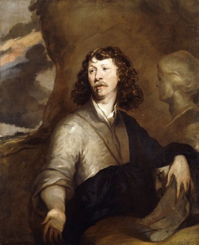 Porträtt av en gentleman, möjligen konstnären, halvlångt, i en brun mantel och blå omslag, bredvid en marmorbyst, i ett stenigt landskap, av William Dobson