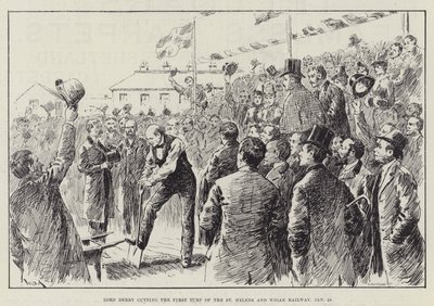 Lord Derby skär den första gräsmattan på St Helens och Wigan Railway, 28 januari av William Douglas Almond
