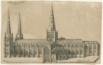Lichfield Cathedral - South View: kopparplåtgravyr, nd [?mitten av 1600-talet] av William Dugdale