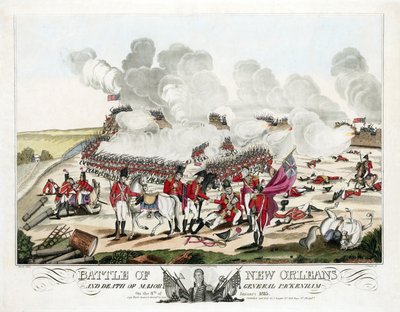 Slaget vid New Orleans och generalmajor Packenhams död den 8 januari 1815, pub. 1815 (färgad gravyr) av William Edward (after) West