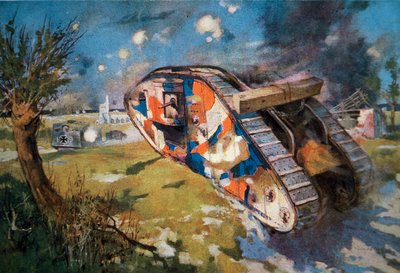 Kamouflerad brittisk Mk IV-stridsvagn i aktion mot en tysk stridsvagn under första världskriget, illustration publicerad i 