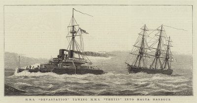 HMS Devastation bogserar HMS Thetis till Maltas hamn av William Edward Atkins