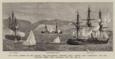 Sjöstriden i Stilla havet, förlovningen mellan HMS Shah och Amethyst och den peruanska rebellen Ram Huascar utanför Ilo, 29 maj av William Edward Atkins