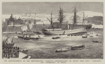 Förstärkningar av garnisonerna i Medelhavet, landstigning av trupper från HMS Crocodile och Eufrat vid Malta av William Edward Atkins