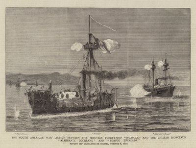 Det sydamerikanska kriget, aktion mellan det peruanska tornskeppet Huascar och de chilenska järnklädena Almirante Cochrane och Blanco Encalada av William Edward Atkins