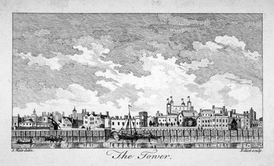 Södervy av Tower of London med båtar på Themsen, 1761 av William Elliot