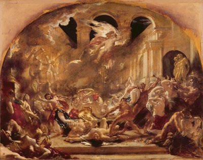 Den förstörande ängeln och ondskans demoner som avbryter orgierna för de onda och omständiga (olja på duk) av William Etty