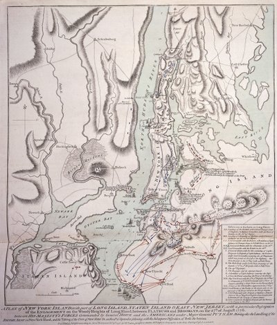 Plan av New York Island med en del av Long Island, Staten Island och East New Jersey och förlovningen på Woody Heights of Long Island mellan de brittiska styrkorna, under ledning av general Sir William Howe av William Faden