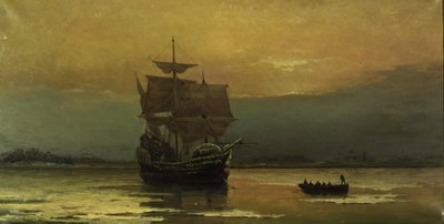 Mayflower vid hennes ankomst till Plymouth Harbor, 1882. av William Formby Halsall