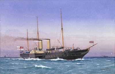 Den kungliga yachten "Osborne" (1870), full ånga och med vikta segel, till havs. Akvarell av William Frederick Mitchell