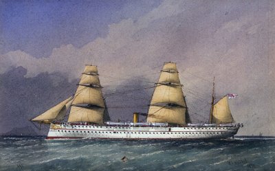 Fartyget HMS "Jumna" (1866), en båt med järnskrov från Royal Navy, för transport av trupper till och från den indiska subkontinenten. Akvarell av William Frederick Mitchell