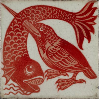 Kakel med kungsfiskare med näbb genom fisk, 1882-1888 av William Frend De Morgan