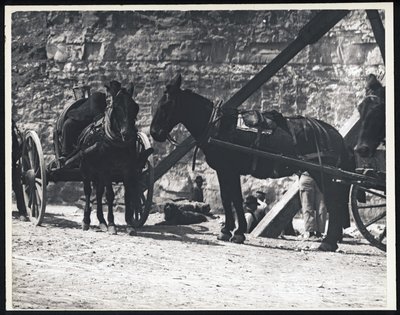 Horisontellt, svartvitt fotografi av två hästdragna vagnar vid ett stenbrott av William G. Swekosky