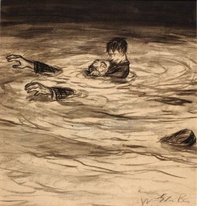 Han lägger sig på Gothecores rygg och krokar sedan högerarmen om Gothecores hals - den vanliga garottekramen av William Glackens