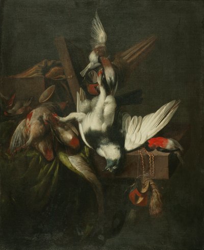 Stilleben med död duva, finkar och falkhuvuden (olja på duk) av William Gowe Ferguson