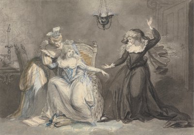 En dramatisk scen med tre kvinnor i en interiör av William Hamilton