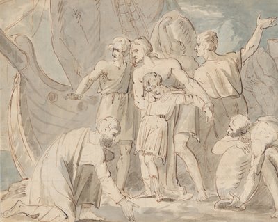 Historiskt ämne med män och en pojke nära ett skepp recto..., 1770-80. av William Hamilton