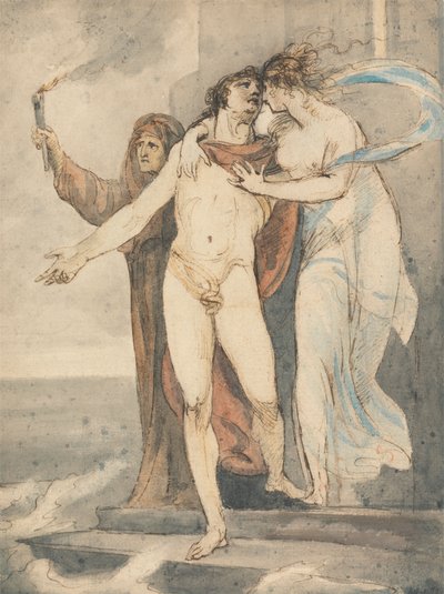 Leander tar avsked från Hero innan han simmar tillbaka över Hellespont av William Hamilton