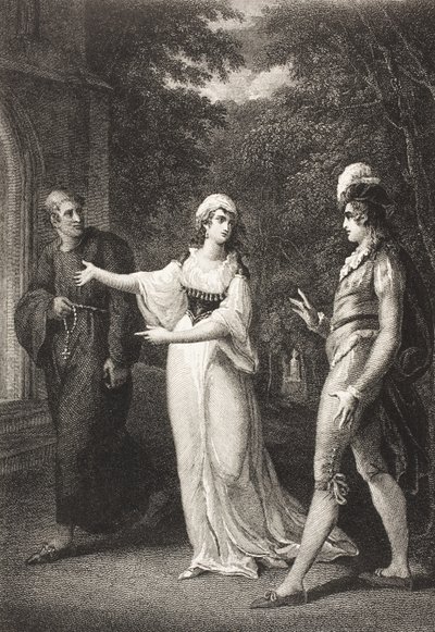 Olivias trädgård, akt IV, scen III, från "Twelfth Night, Or What You Will", från The Boydell Shakespeare Gallery, publicerad i slutet av 1800-talet av William Hamilton
