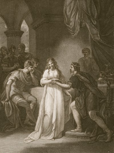 Vortigern och Rovena, graverad av Delatre, illustration från David Humes "The History of England", utgiven av R. Bowyer, London, 1812. av William Hamilton
