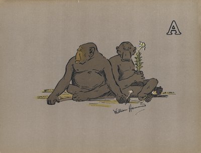 Bokstav A, estetiska antropoida apor som antar onormalt apatiska attityder (färg litho) av William Hammond
