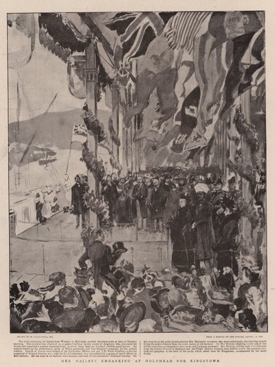 Hennes Majestät går ombord i Holyhead för Kingstown. av William Hatherell