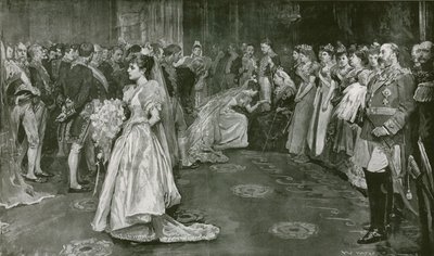 Hennes Majestäts sal i Buckingham Palace, presentationsögonblicket av William Hatherell