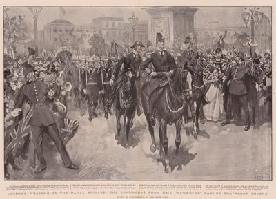 Londons Välkommen till Naval Brigade, kontingenten från HMS Powerful som passerar Trafalgar Square av William Hatherell