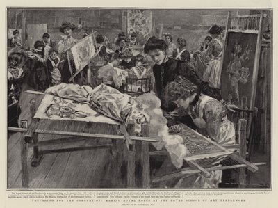 Förbereder för kröningen, gör kungliga dräkter på Royal School of Art Handarbete av William Hatherell