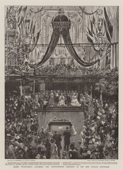 Drottning Wilhelminas tillträde, ceremonin på tronen i New Church, Amsterdam av William Hatherell