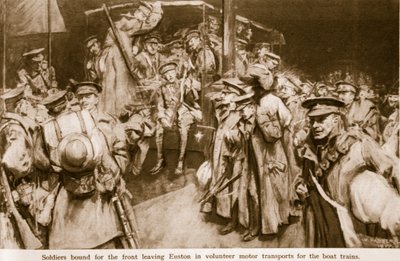Scener av gripande glädje och patos som utspelas på Londons stora järnvägsstationer 1914-19. av William Hatherell