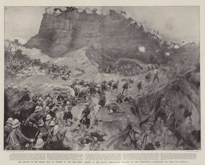 Anfallet på Dargai Hill den 20 oktober, passet stormades av Gordon Highlanders, följt av Dorsetshires, Derbyshires, 3rd Sikhs och Gurkhas. av William Hatherell