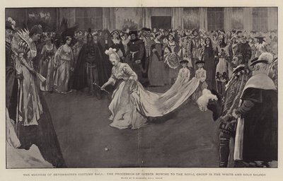 Hertiginnan av Devonshires kostymbal, processionen av gäster som bugar sig för den kungliga gruppen i den vit-gyllene salongen, 1897 av William Hatherell