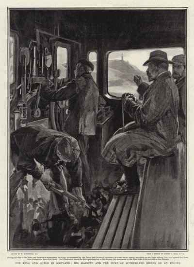 Kungen och drottningen i Skottland, hans majestät och hertigen av Sutherland åker på en motor av William Hatherell