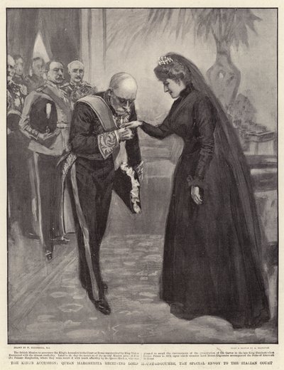 Kungens anslutning, drottning Margherita tar emot Lord Mount-Edgcumbe, det särskilda sändebudet till det italienska hovet av William Hatherell