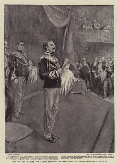 Den nye kungen av Italien, hans majestät håller sitt tal från tronen efter att ha avlagt eden av William Hatherell