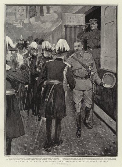 Prinsen av Wales välkomnar Lord Kitchener på Paddington Station av William Hatherell